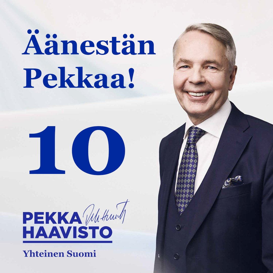 Ääneni saa Pekka Haavisto, koska hänellä on työn vaatima osaaminen & kokemus, sekä vakaus ja viisaus Suomen tasavallan presidentin toimeen 🔟 #SiksiPekka @Haavisto #YhteinenSuomi 🇫🇮@Haavisto2024