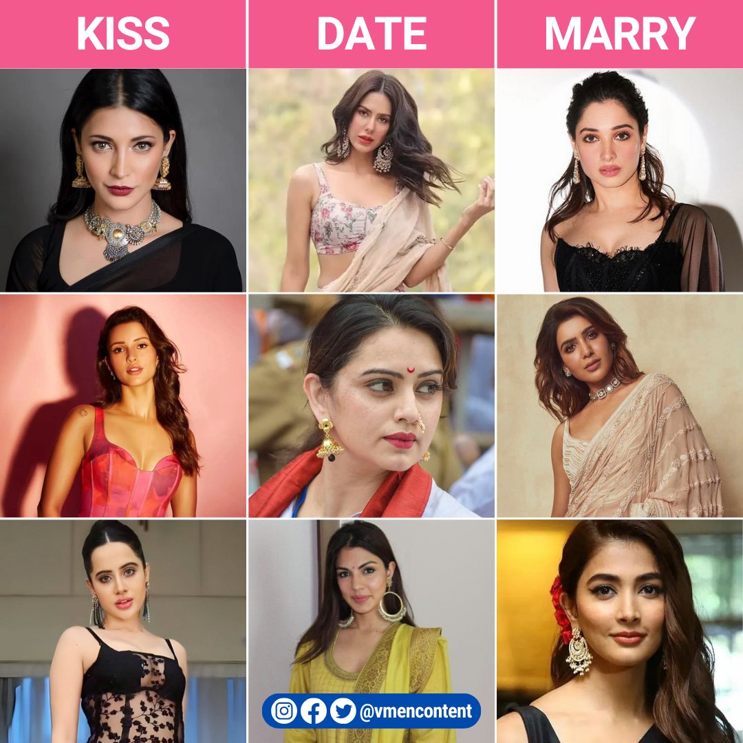 Kiss, Date, or Marry
.
.
Follow Us: @vmencontent
.
#vmencontent #kissdateormarry #kissdatemarry #kiss #date #marry #indianactress #indianactressgallery