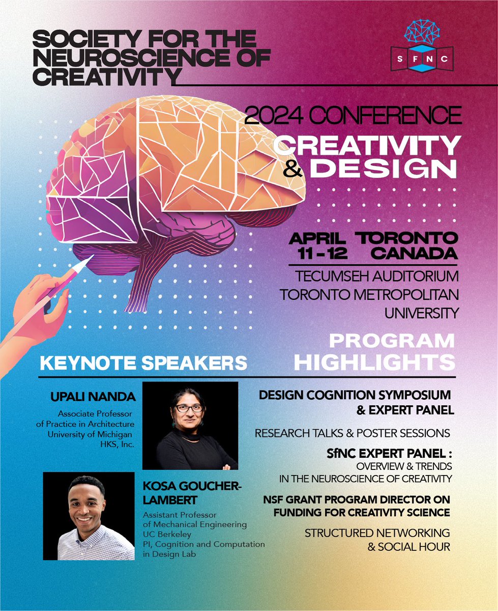 We're super excited for our program for SfNC2024: Creativity & Design! Join us in Toronto April 11-12 to explore the intersection between creativity and design research and be part of the conversation. Registration is included in SfNC membership. tsfnc.org/sfnc2024