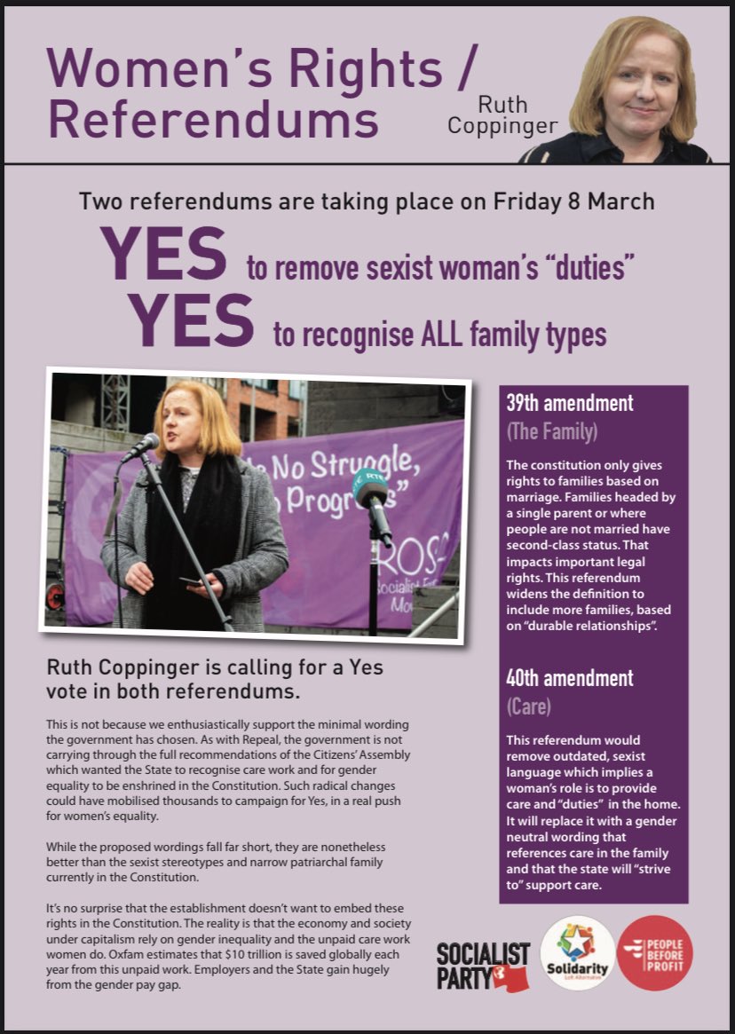 RuthCoppingerSP's tweet photo. New leaflet on #referendums. Wording disappointing, short of Citizens Assembly - overall Yes to remove sexist woman’s ‘duties’, Yes to recognise all families. Capitalism needs unpaid care work & inequality - they won’t grant rights, we must fight #socialistfeminism #IWDmarch https://t.co/jU7N5K9Wbn