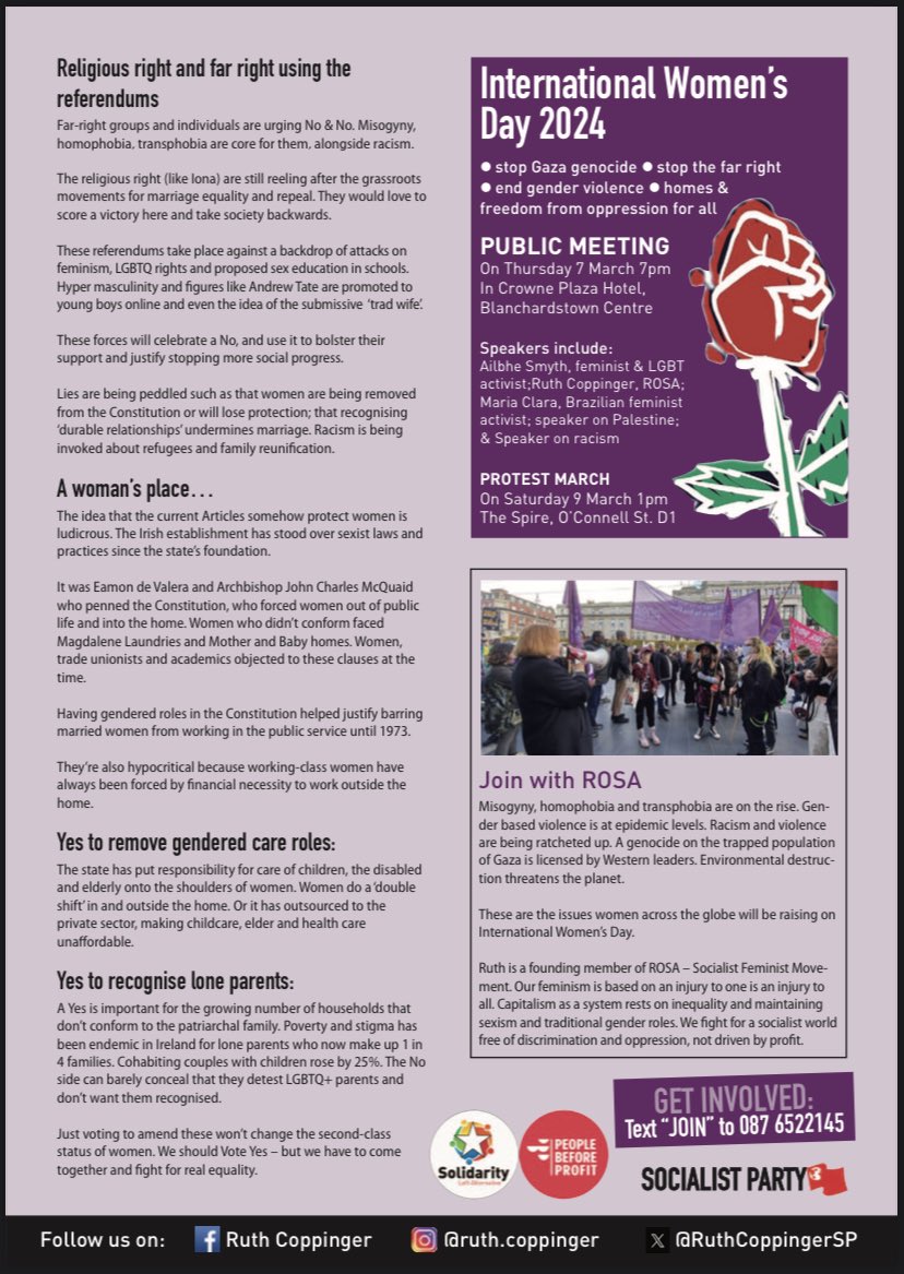 RuthCoppingerSP's tweet photo. New leaflet on #referendums. Wording disappointing, short of Citizens Assembly - overall Yes to remove sexist woman’s ‘duties’, Yes to recognise all families. Capitalism needs unpaid care work & inequality - they won’t grant rights, we must fight #socialistfeminism #IWDmarch https://t.co/jU7N5K9Wbn