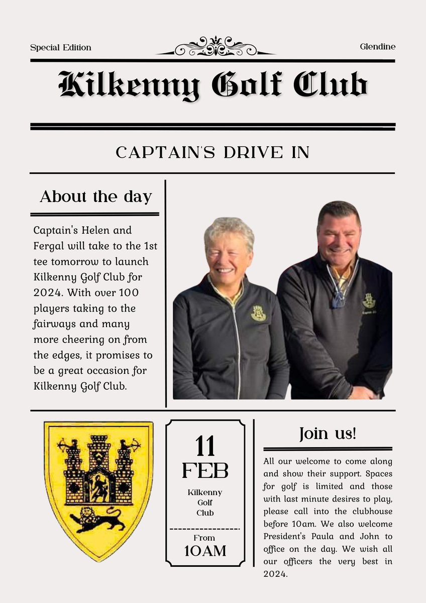 Wishing Captain's Helen and Fergal the very best for their drive-in tomorrow. All welcome from 10am.