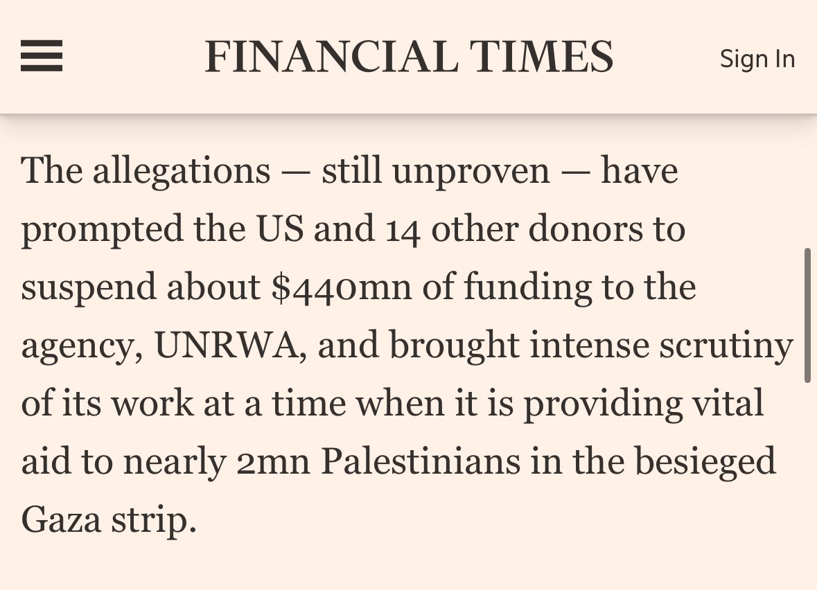 dylanotes's tweet image. The @FT reports Israel’s claims that one dozen low-level @UNRWA employees out of 13,000 the relief agency employed in Gaza participated in the October 7 attacks are “still unproven”

“The intelligence assessment, which has been seen by the FT, provides no evidence for the claims”