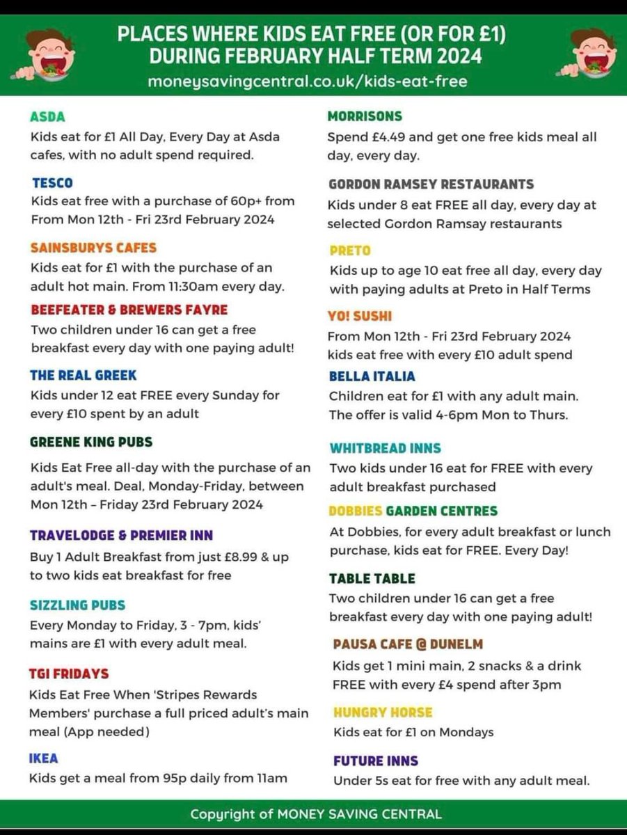 These places offer free/discounted meals for children during half term.