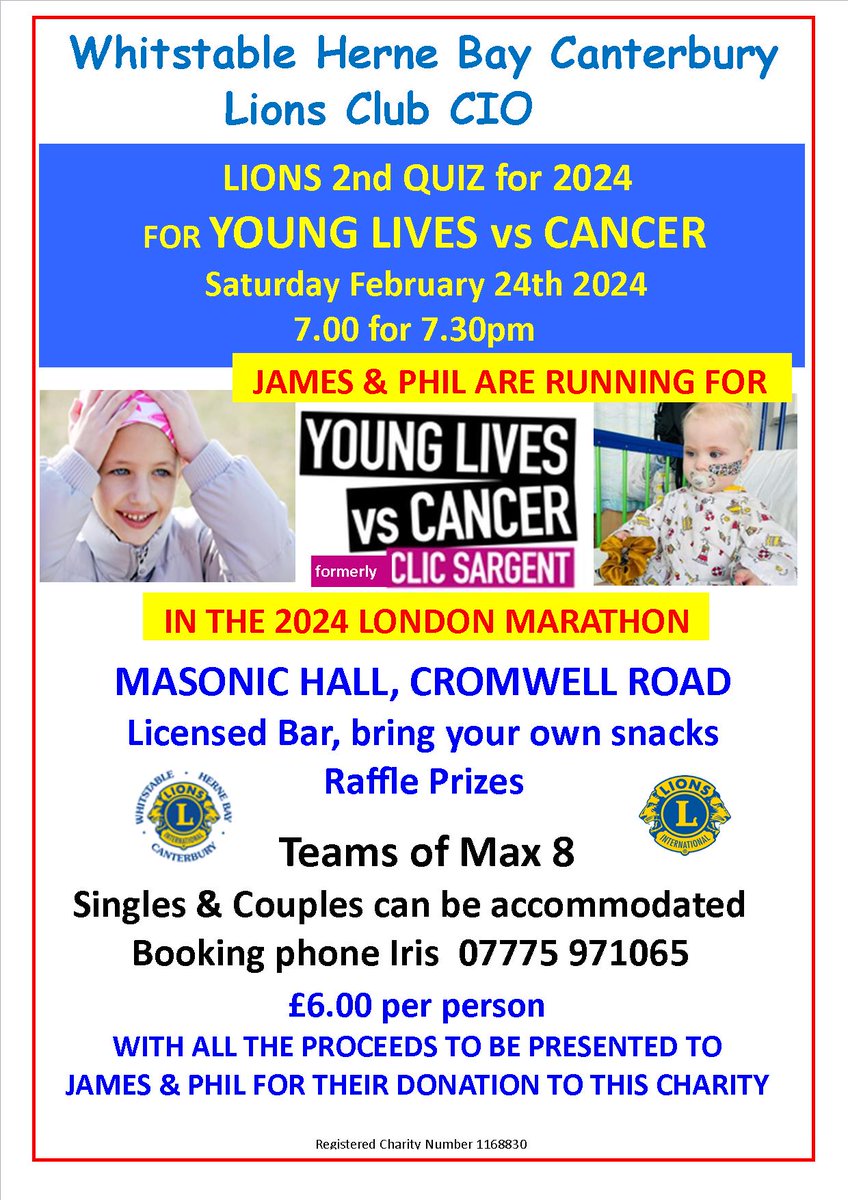 Our next Quiz is on 24th February in aid of Young Lives versus Cancer. We Hope to see you there! We look forward to your support for this wonderful cause. Hope to see you there! #lions #Quiz #Lionsquiznight #whitstablequiz #quiznight #quizyounglivesvcancer