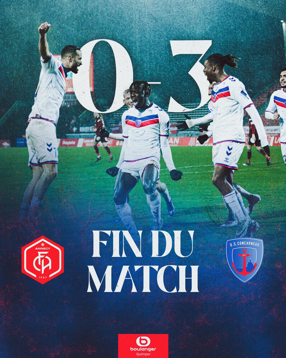 USConcarneau's tweet photo. Quelle victoire des Thoniers qui ont réalisé un festival offensif dans le dernier quart d’heure ! Les joueurs de Stéphane Le Mignan rentrent du déplacement à Annecy avec les 3 points 🔥🔵🔴

90+2’ | FCA 0️⃣ - 3️⃣ USC

#FCAUSC https://t.co/tCAqJPA5me
