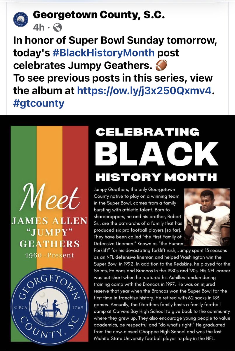 Celebrating Black History Month & Super Bowl Sunday:“James ‘Jumpy—Human Forklift’ Geathers”—A family man, great father, grandfather & iconic 🏈NFL🏈legend etc. The journey, dedication, how/why … Thank you for giving back to youth & community bro.❣️🫡👏🏼👏🏼 facebook.com/10000333141654…