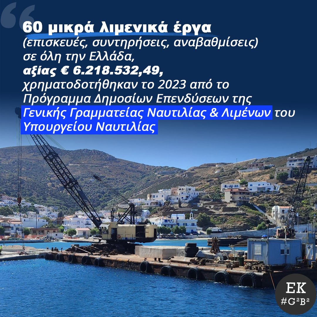 60 μικρά λιμενικά έργα (επισκευές, συντηρήσεις, αναβαθμίσεις) σε όλη την Ελλάδα, αξίας € 6.218.532,49, χρηματοδοτήθηκαν το 2023 από το Πρόγραμμα Δημοσίων Επενδύσεων της Γενικής Γραμματείας Ναυτιλίας & Λιμένων του Υπουργείου Ναυτιλίας