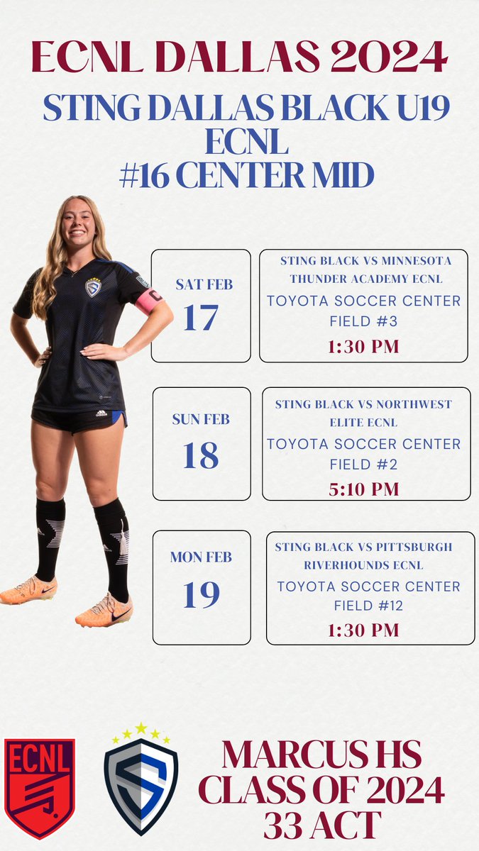 Allie Williams (@williams_allie7) on Twitter photo 1️⃣ week away from the <a href="/ECNLgirls/">ECNL Girls</a> Dallas showcase with <a href="/StingECNL06/">Sting Black ECNL U18/19</a>! Check out our schedule and come 👀 us play⬇️⬇️⬇️
<a href="/adamflynnAF/">Adam Flynn</a> <a href="/StingSoccerClub/">Sting Soccer Club</a> <a href="/ImCollegeSoccer/">College Soccer Truth ™</a> <a href="/ImYouthSoccer/">ECNL/GA/Recruiting/College Soccer</a> <a href="/TopDrawerSoccer/">TopDrawerSoccer</a> 1️⃣ week away from the <a href="/ECNLgirls/">ECNL Girls</a> Dallas showcase with <a href="/StingECNL06/">Sting Black ECNL U18/19</a>! Check out our schedule and come 👀 us play⬇️⬇️⬇️
<a href="/adamflynnAF/">Adam Flynn</a> <a href="/StingSoccerClub/">Sting Soccer Club</a> <a href="/ImCollegeSoccer/">College Soccer Truth ™</a> <a href="/ImYouthSoccer/">ECNL/GA/Recruiting/College Soccer</a> <a href="/TopDrawerSoccer/">TopDrawerSoccer</a>