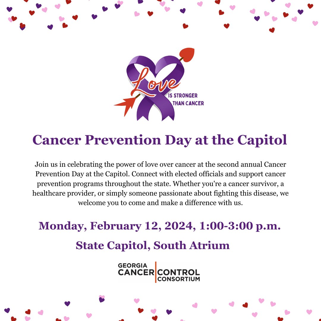 WCGCC's tweet photo. 🌟 Save the date for Cancer Prevention Day at the Capitol on February 12th! Join us in advocating for a healthier Georgia.Your presence matters!
Add your link to the chain of hope at https://t.co/NVj5ne0YqA
#CancerPreventionDay #GeorgiaAwareness https://t.co/I0MEGQKTcL