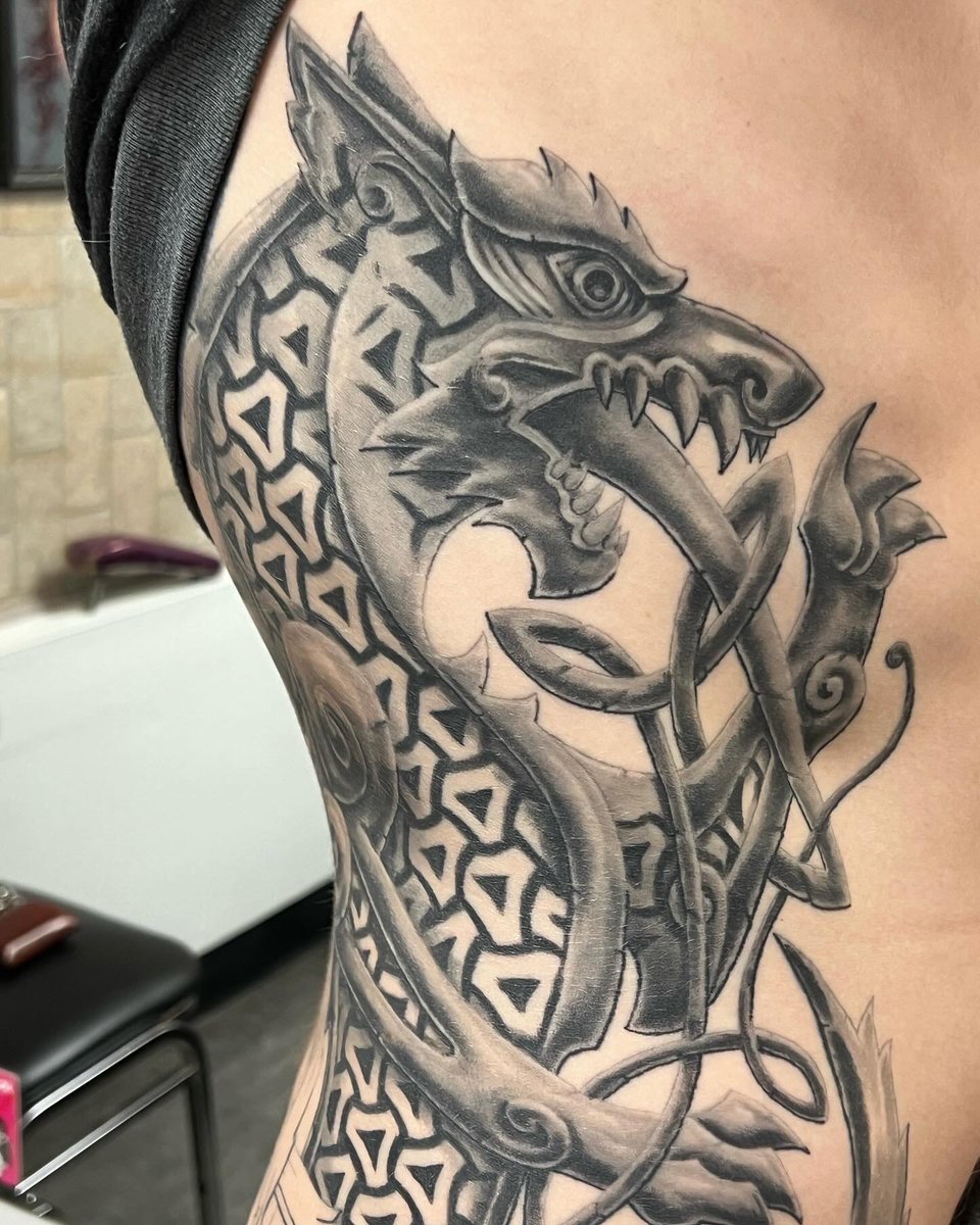 NuclearInk's tweet photo. Work in progress on a Fenrir design by Jesse Neese. #tattoo #viking #tattoos #tattooart #sidetattoo #nuclearink https://t.co/eS47LK3Hhx