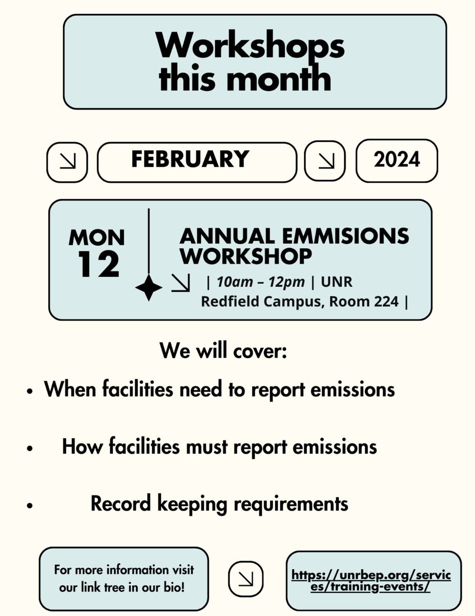 Join our partners Nevada Business Environmental Program for a FREE workshop Monday, Feb. 12. This workshop covers annual emissions reporting and regulations.

The schedule of upcoming workshops is available online at bit.ly/48a2IJu. Graphic courtesy NVBEP