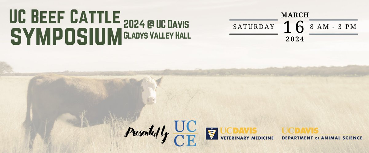 Register for the UC Beef Cattle Symposium 2024 ➡️ Mar. 16 at <a href="/ucdavis/">UC Davis</a>.   Registration deadline, Mar. 11.   tinyurl.com/6mtp86da
#UCCE speakers include <a href="/GHGGuru/">Frank Mitloehner</a> <a href="/BioBeef/">Prof Alison Van Eenennaam (@BioBeef)</a> &amp; <a href="/ErmiasKebreab/">Ermias Kebreab</a>
<a href="/ucdavisvetmed/">UC Davis Veterinary Medicine</a>
<a href="/UCDavisCLEAR/">CLEAR Center</a>