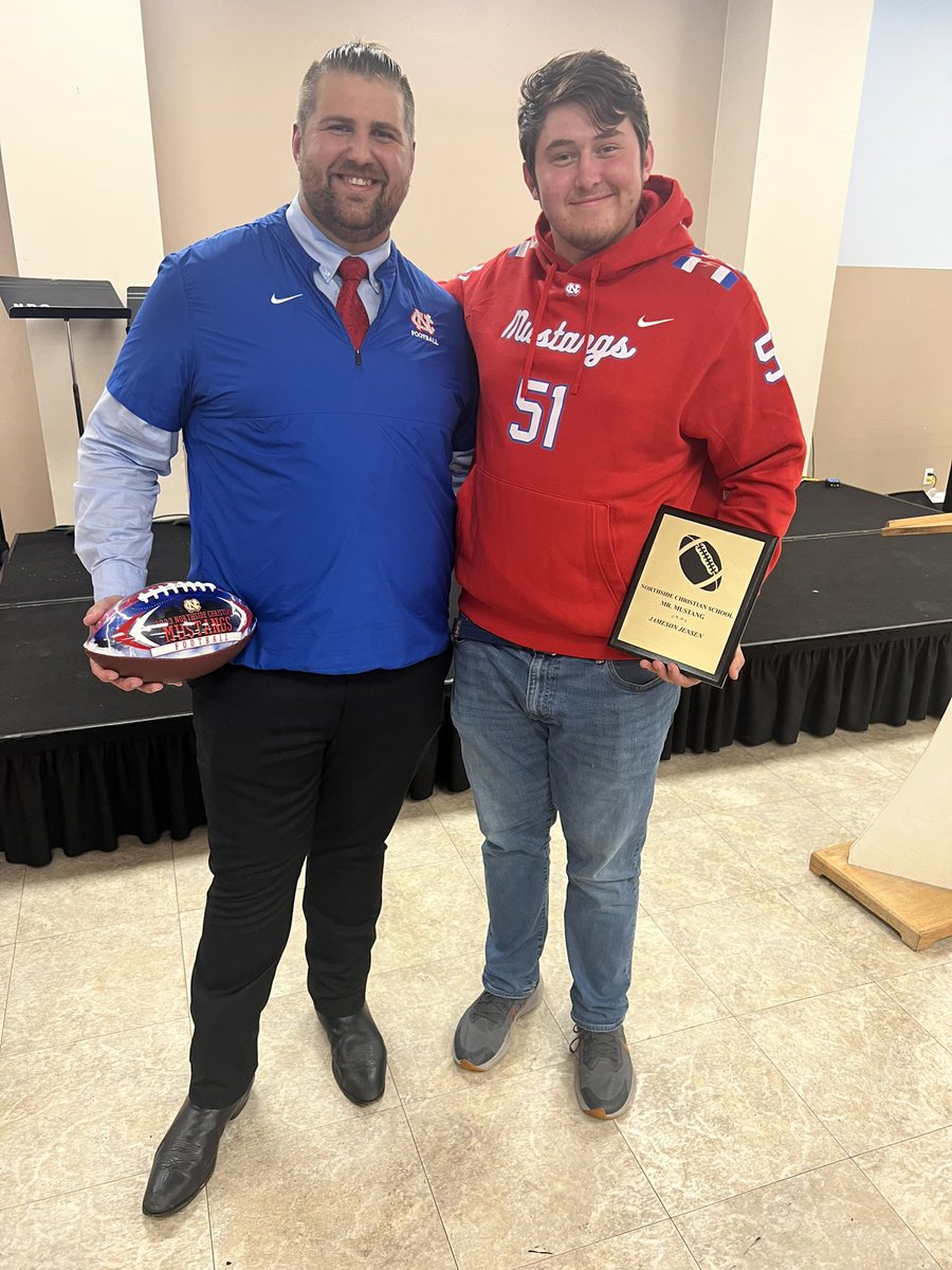 jamesonjensen51's tweet image. Blessed and Honored to receive the top team award “Mr Mustang” for the player that most exemplifies Mustang traits of athleticism, Character, Leadership, and Spirituality.  
It’s awesome to be at a place that puts so much value on intangibles.  @NCSMustangs_FB Thank you coaches…