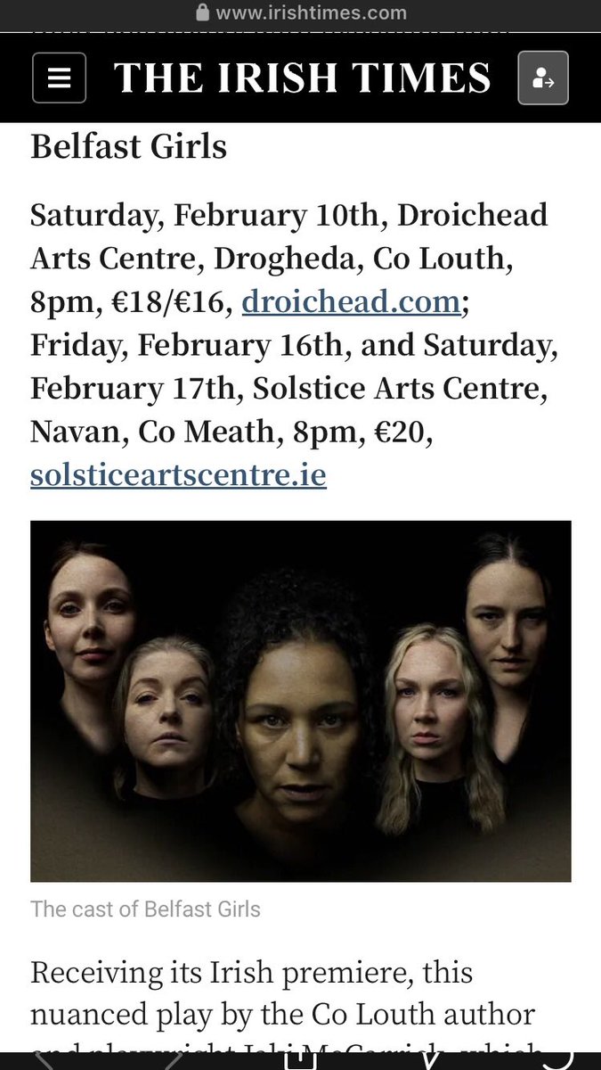 BELFAST GIRLS is the Theatre Event of the Week @IrishTimes irishtimes.com/culture/2024/0… 8pm Tonight @Droichead_Arts 16-17 Feb @solsticearts Tickets: linktr.ee/quintessenceth… Written by @jakimccarrick Presented with @antainarts #BelfastGirls #IrishTimes #theatre #louthchat
