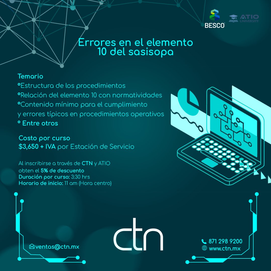 CTNControlGas's tweet photo. ¡Curso del mes!
Conoce a detalle la estructura de los procedimientos, errores típicos en los procedimientos y más sobre el elemento 10 del SASISOPA

Contáctanos al WhatsApp 📞8718452783

#CTN #curso #elemento10 #sasisopa https://t.co/bDX09dhK3C