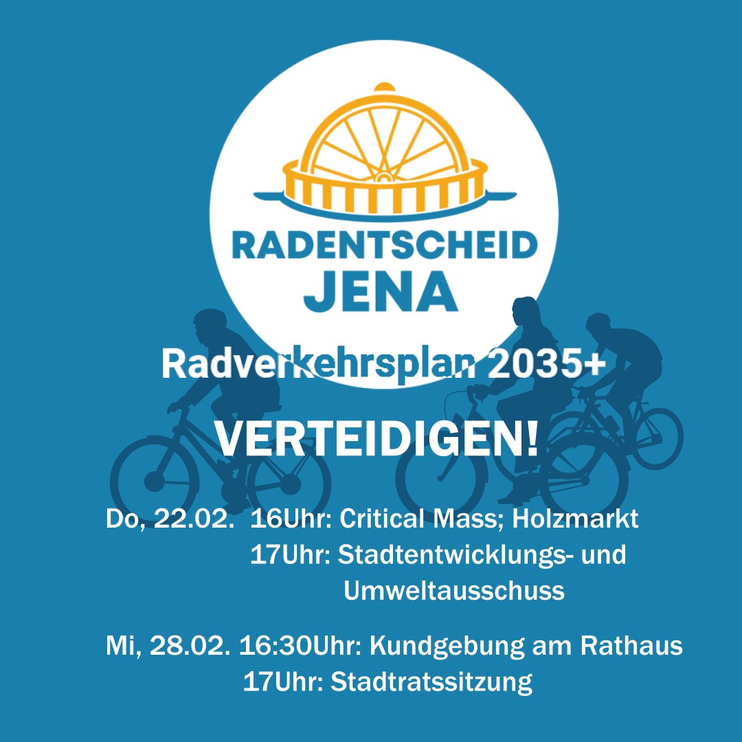 Aufruf für besseres Radfahren in Jena!
Dafür braucht es den Radverkehrsplan 2035+ OHNE die vorgeschlagenen Abschwächungen. 
Deshalb wollen wir am 22.02 um 16:00 am Holzmarkt mit einer Fahrraddemo die Innenstadt umrunden. Wir sind viele und das wollen wir zeigen. Kommt zahlreich!