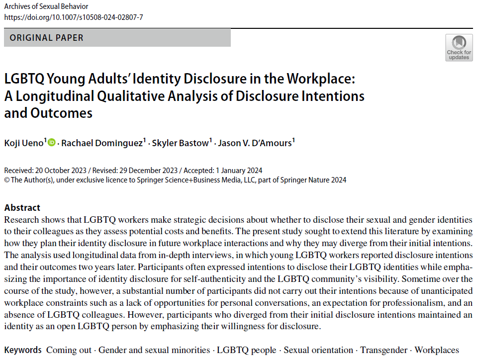 New pub. Longitudinal qual data allowed us to answer an important question—why do LGBTQ workers sometimes end up keeping their identities to themselves despite their prior intentions to come out? Results highlight the importance of structural constraints. rdcu.be/dykZR