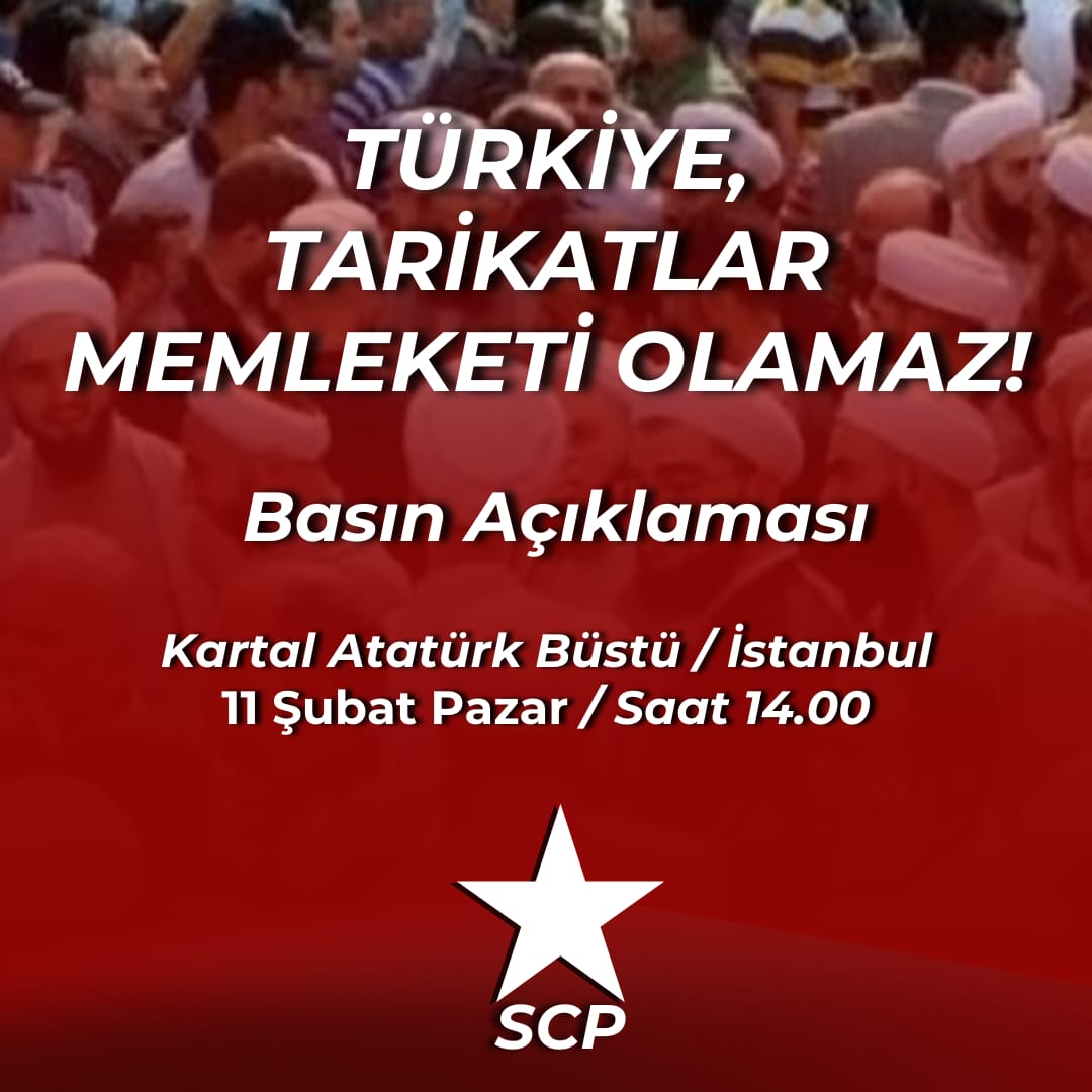 Basın Açıklamasına Davet

TÜRKİYE CEMAAT VE TARİKATLAR MEMLEKETİ OLAMAZ!

Cumhuriyetimizin kurucusu devrimci önder Mustafa Kemal Atatürk'e ve Laik Cumhuriyet'e karşı son dönemde artarak devam eden saldırılar kabul edilemez!

#TürkiyeLaiktirLaikKalacak