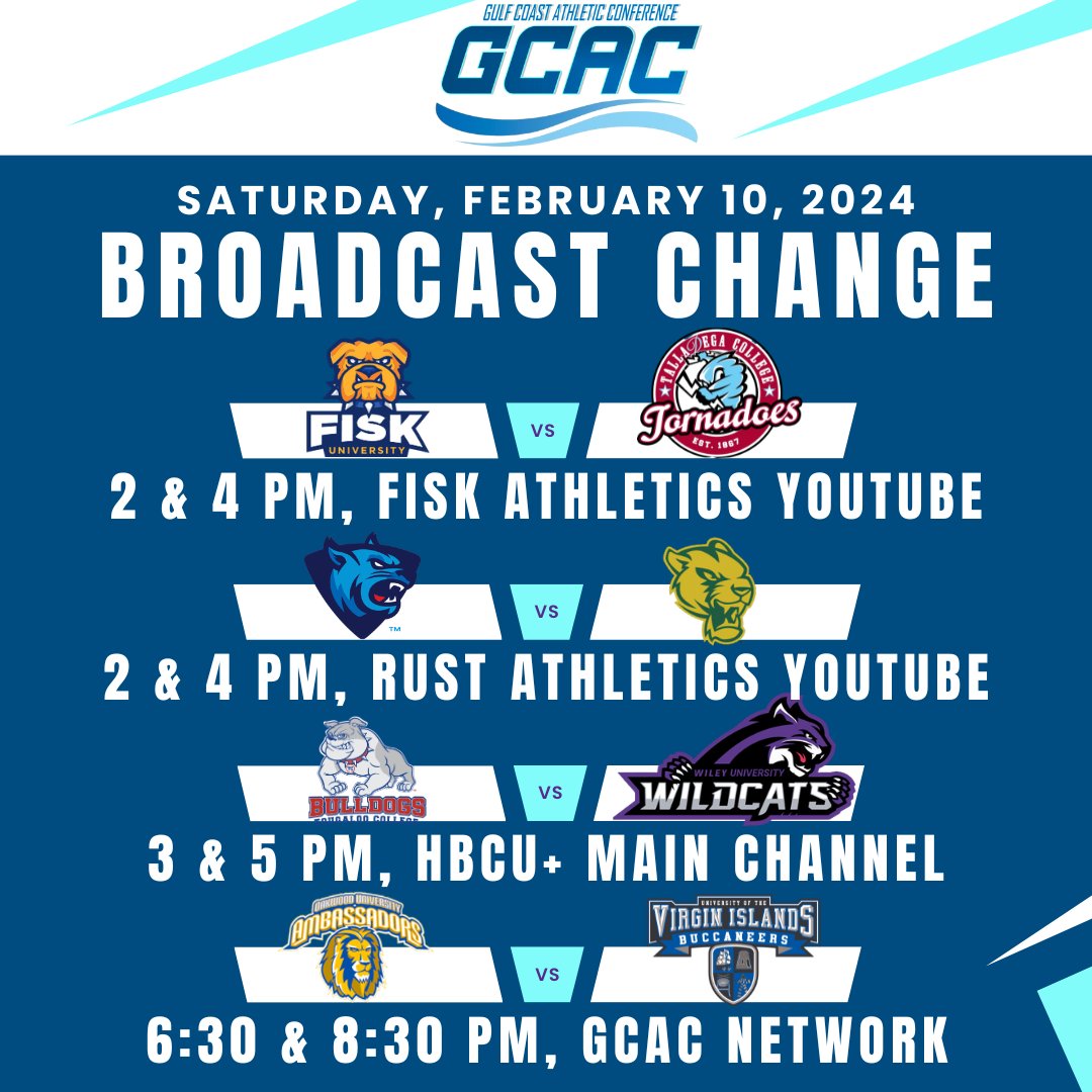 HBCUAC's tweet photo. A couple of changes to today's broadcasts. Tune in to watch today's games and cheer on your team! While you're watching, grab your tickets to this year's @hopecreditunion men's and women's basketball championship! Head to https://t.co/iZZQp5yvza to grab your tickets. #GCACSports https://t.co/kirDsoZKze