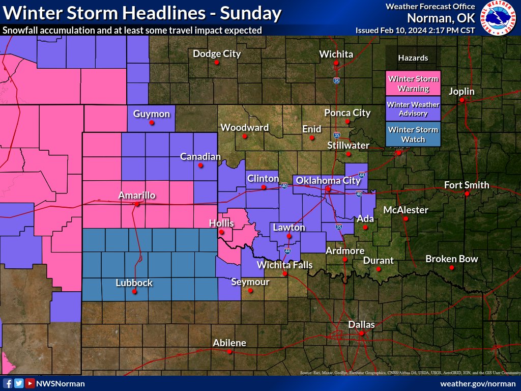 NWSNorman's tweet photo. A winter storm will bring accumulating snow to parts of OK and north TX Sunday and Sunday night.  Southwest OK and north TX will likely see the higher snowfall amounts during the day with a transition toward the I-35 corridor Sunday evening.  #okwx #texomawx https://t.co/pyhgQDxaOK