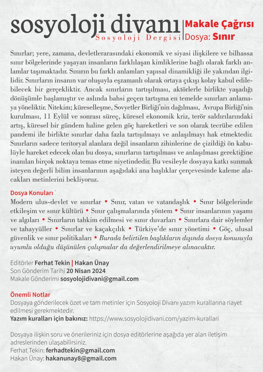 Sosyoloji Divanı | Makale Çağrısı

Son gönderim tarihi: 20 Nisan 2024