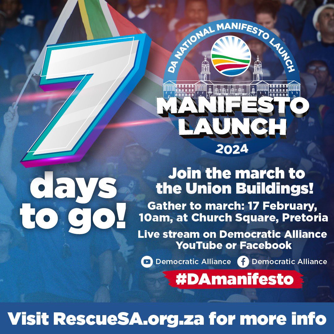 The Democratic Alliance (DA) manifesto launch is set to take place on the 17th of February in Pretoria.

The DA's decision to launch their party manifesto in a gimmicky fashion by marching to the Union Building is not only concerning but also reeks of desperation.

#DAManifesto