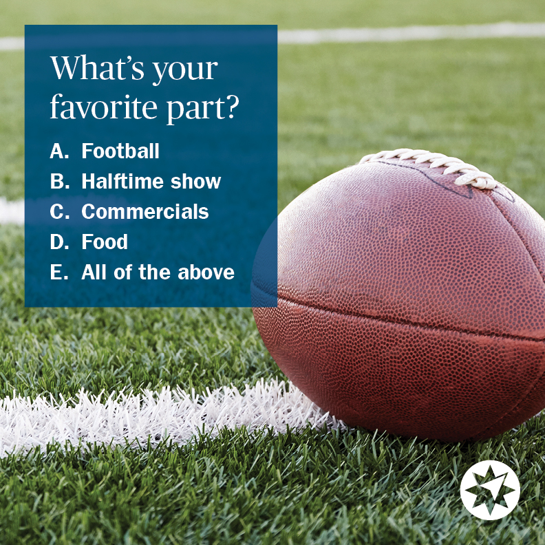 loweryassociate's tweet photo. It’s almost time for the big game! What’s your favorite part?
A. Football 
B. Halftime show
C. Commercials
D. Food
E. All of the above https://t.co/kBsUy4PgEx