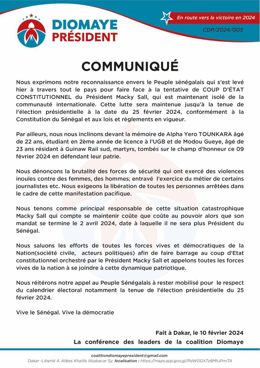 elmaalignjaay's tweet photo. Communiqué de la conférence des leaders de la Coalition Diomaye Président sur la situationdu pays !

#resistance #FreeSenegal #Election2024 #diomayepresident #diomayemooysonko #Senegal #Stopdictatorship #senegal @DiomayeFaye @SonkoOfficiel https://t.co/03ss6RuTpZ