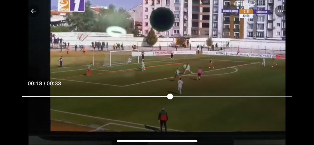 karabaglim's tweet photo. Canlı izlerken de söylemiştim ofsayt değil diye. Ofsaytta kaleciye değil en ilerideki hücum oyuncusundan daha ileride iki diğer takım oyuncusu var mı diye bakılır. İkinci oyuncu hücumcu ile aynı hizadaysa bile ofsayt sayılmaz. Video ile çektim çizgiyi, karar sizin. VAR istiyoruz! https://t.co/p1bCRafZMV