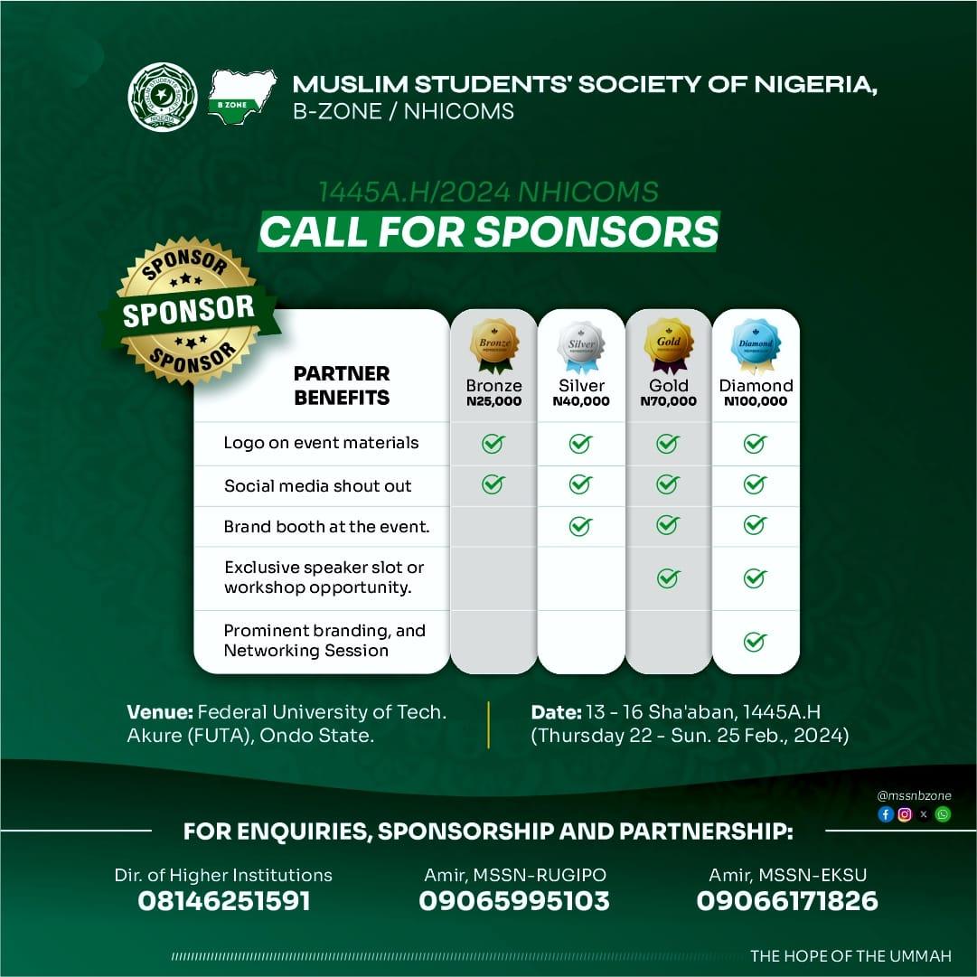 mssnbzone's tweet photo. NHICOMS 2024 ADVERT PLACEMENT

Advertise your business at the upcoming National Higher Institutions Convention of Muslim Students (NHICOMS).

Bronze: 25k
Silver: 40k
Gold: 70k
Diamond: 100k

#mssn
#mssnbzone
#nhicoms
#beyondthehustle https://t.co/hnnwGyEJpa