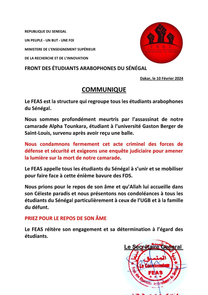 Communiqué du Front des Étudiants Arabophones du Sénégal
Merci de partager pour atteindre l'attention des autorités. 
<a href="/ElBachi41820567/">EL Bachir 🇸🇳البشير</a> 
#FreeSenegal #MafiaKaccKacci1