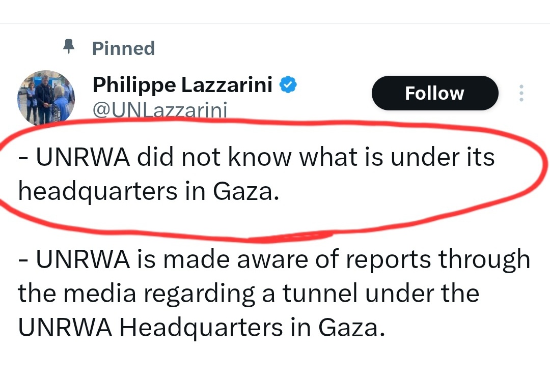 LMAO 🤣
Head of <a href="/UNRWA/">UNRWA</a> just made a statement saying they didn't know what's under their headquarters 🤡

<a href="/UNLazzarini/">Philippe Lazzarini</a> should be arrested and stand trial for terrorism.