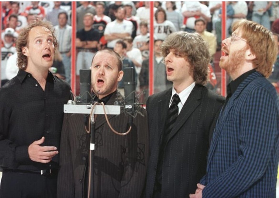 Ike_Richman's tweet photo. .@LaurenHartMusic is a huge part of the @NHLFlyers game day experience. Since she will miss tonight’s tilt due to her son competing at Quebec tournament, here’s a flashback to when @phish sang before a Flyers playoff game in ‘97 at @WellsFargoCtr Let’s Go Flyers! 
#Flyers #Phish https://t.co/fRLQUwfnzp