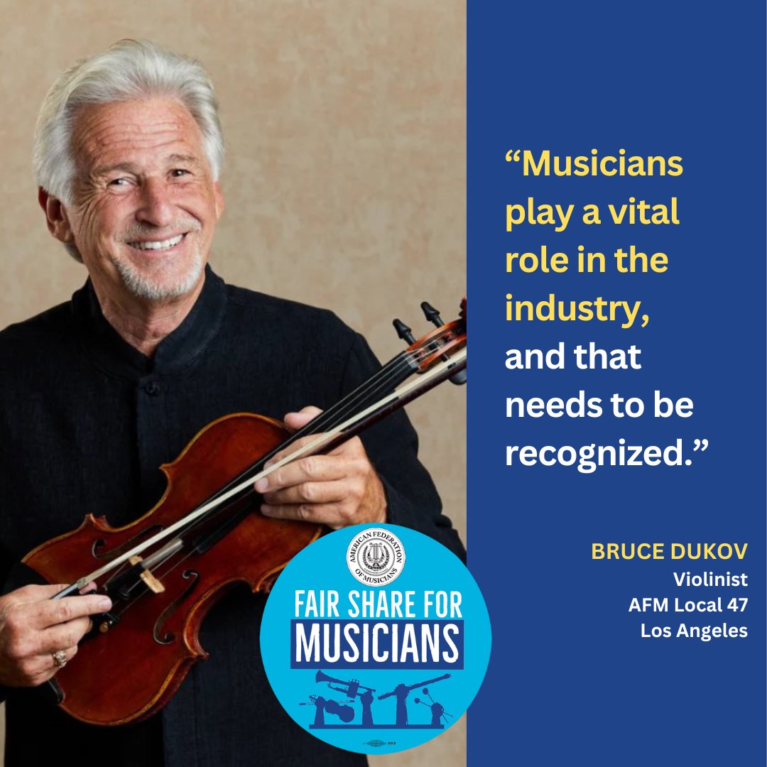 'Musicians play a vital role in the industry, and that needs to be recognized.' Bruce Dukov, @The_AFM @AFMLocal47 member. #FS4M afmfairshareformusicians.org