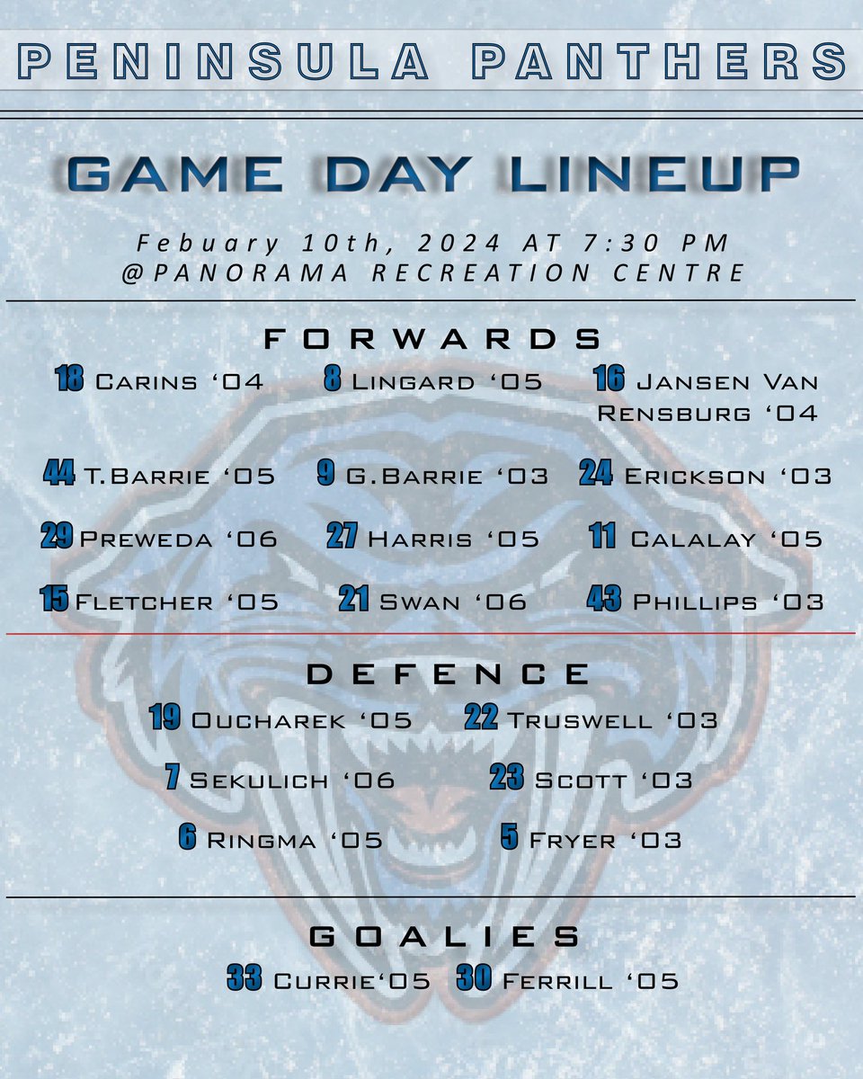 ppanthersvijhl's tweet photo. ๐จ๐จGame Day๐จ๐จ
The boys welcome the @SaanichPreds for a 7:30pm puck drop down at @Panorama_Rec ! Make sure you make your way down for some great Saturday night hockey! #ppants #vijhl https://t.co/KaaJrfUxnm