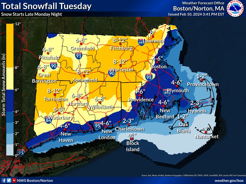 A Winter Storm Watch is now if effect on Tuesday for much of Southern New England.  Total snowfall accumulations of 6-12 inches is possible.  Hazardous travel conditions possible for both the Tuesday morning and afternoon commute. #MAWX #RIWX #CTWX