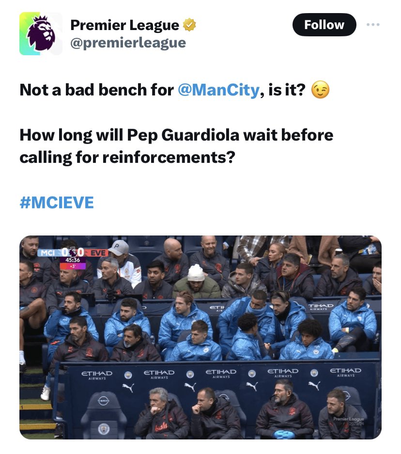 jim_keoghan's tweet photo. A bench worth more than 3 times the entire Everton first XI

Look at Everton benefiting from all that ‘sporting advantage’ https://t.co/iYf0eihYmu