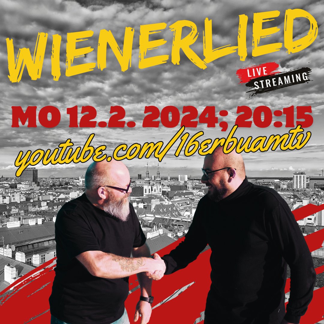 Wir laden euch herzlichst ein zur 210. Pawlatschn der #16erbuam 🤗
Im weltweit ersten #wienerlied #livestream wird geplaudert, Wein getrunken und musiziert 🍷
Schau auf unseren Youtubekanal 16erbuamTV und sei dabei 😃