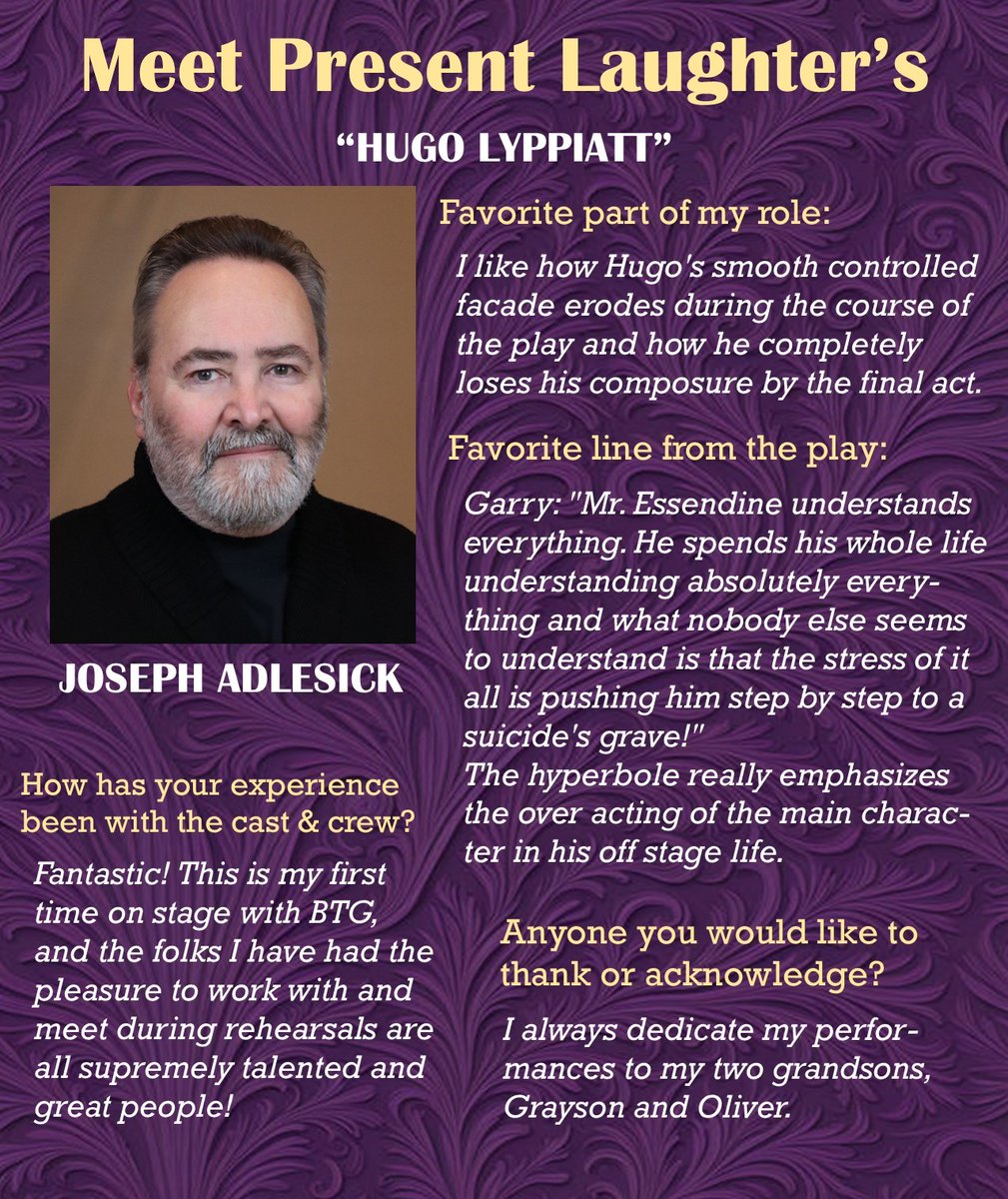 BTGChgo's tweet photo. Meet the Cast - Joseph Adlesick plays Hugo Lyppiatt in our production of Nöel Coward's "Present Laughter!" 

Tickets available online now! 
https://t.co/md8ludnLzS https://t.co/rDlfp0uXQ6