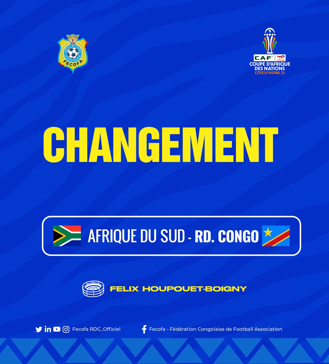 C'est la reprise de la seconde période !

MFULU -> IN
Aaron TSHIBOLA -> OUT

#TotalEnergiesAFCON2023 #AllezYLesLeopards #RDCRSA