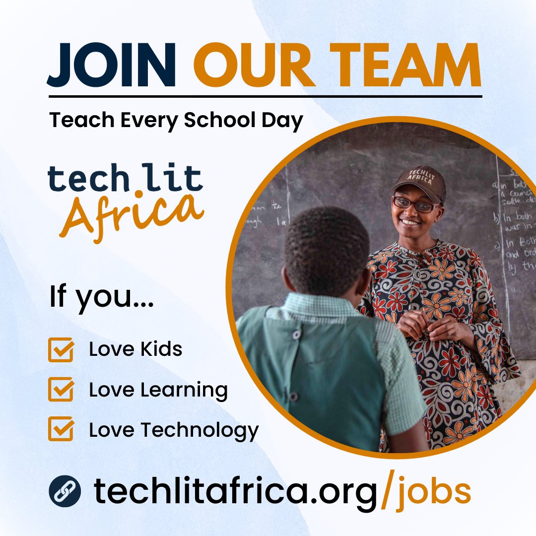 If you: ✅ Love kids ✅ Love learning new things ✅ Love tech Then school lead educator would be the most fulfilling position for you. We are hiring in so many locations. Apply today techlitafrica.org/jobs Please don't self-reject: We are super chill ❤️