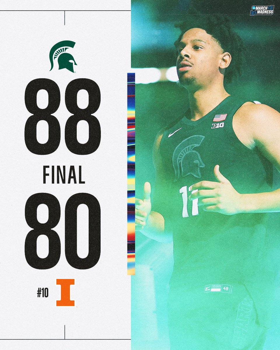 MarchMadnessMBB's tweet photo. SPARTY. ON. 🗣️

Michigan State defeats No. 10 Illinois in a hard-fought matchup 🟢⚪️ https://t.co/FIchq9yMhh