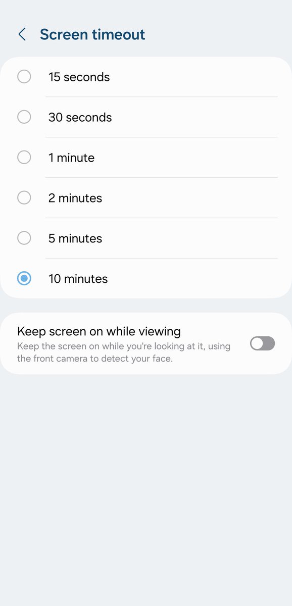Average 2000s Enjoyer (@yboy403) on Twitter photo Is it just me, or did <a href="/Samsung/">Samsung Electronics</a> remove the "Never" option for screen timeout?
Can't believe it's come to "giant Korean mega-conglomerate decides when to turn off your screen." Is it just me, or did <a href="/Samsung/">Samsung Electronics</a> remove the "Never" option for screen timeout?
Can't believe it's come to "giant Korean mega-conglomerate decides when to turn off your screen."