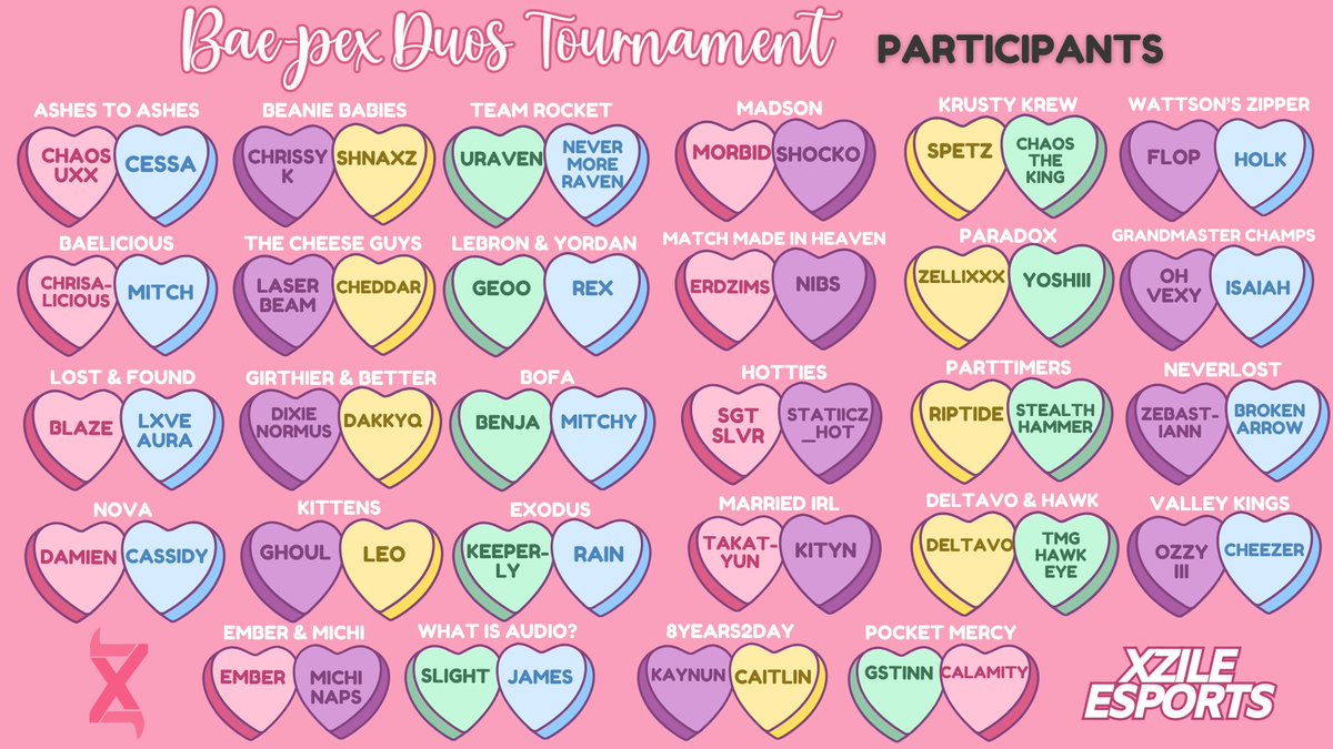 Here's a look at the 28 teams competing in our Bae-pex Duos Tourney today!!!  

Games start at 6pm CST. We will be live on the Xzile twitch!! Link in replies.