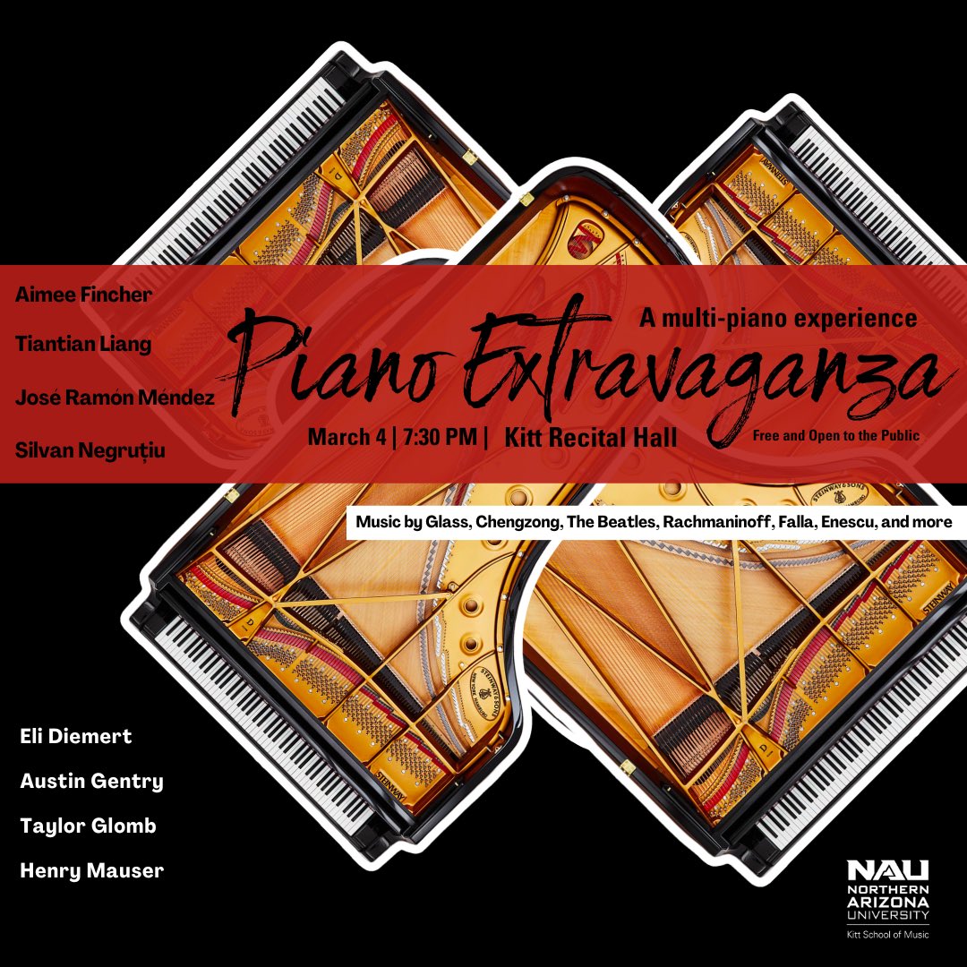 Eagerly looking forward to this third edition of PIANO EXTRAVAGANZA with my wonderful collegaues and students! Please mark your calendars to join us in Kitt Recital Hall on March 4 at 7:30PM for a memorable evening with 4 pianos &amp; 8 pianists on stage! #piano #extravaganza <a href="/NAU/">NAU</a>