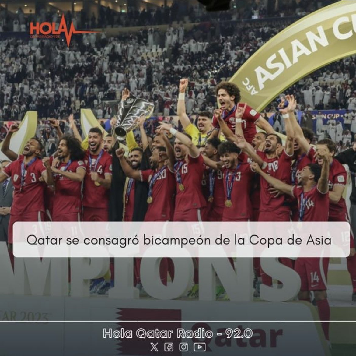 holaqatar92's tweet photo. Qatar alza el trofeo y se consagra como bicampeón de la Copa Asia en el estadio de Lusail
#AsianCupFinal #AsianCup2023 #Qatar #Campeones #AlAnnabi #vamosqatar #enhorabuena #qnf #teamqatar https://t.co/wQcgiGpJTe