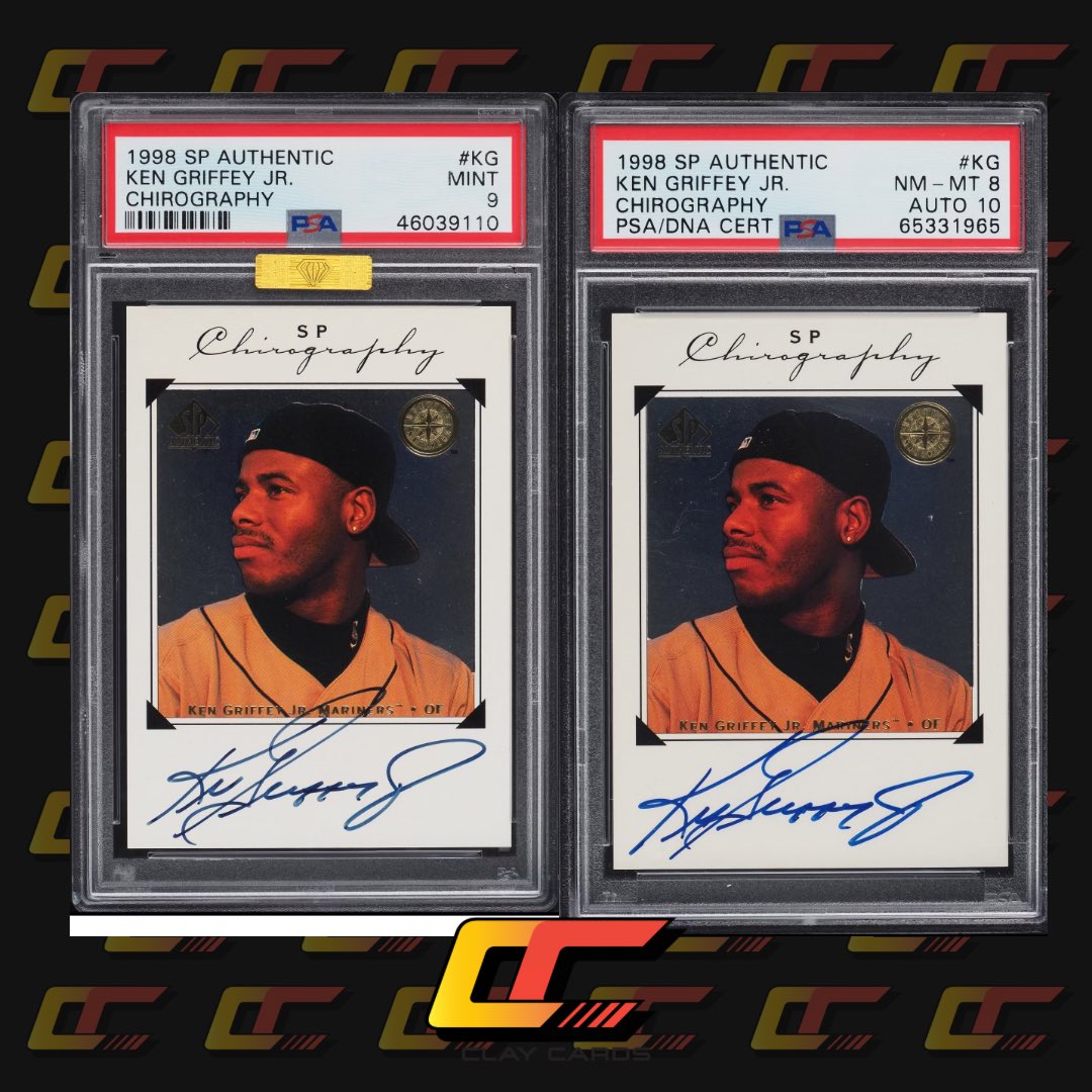 An amazing Griffey card, but the question is.. which would you rather have? The 98 SP Chirography is limited to just 400 copies. There are only 22 PSA 9's, and 14 PSA 8's (3 PSA 10's). Historically, the autos fade over time with this set.