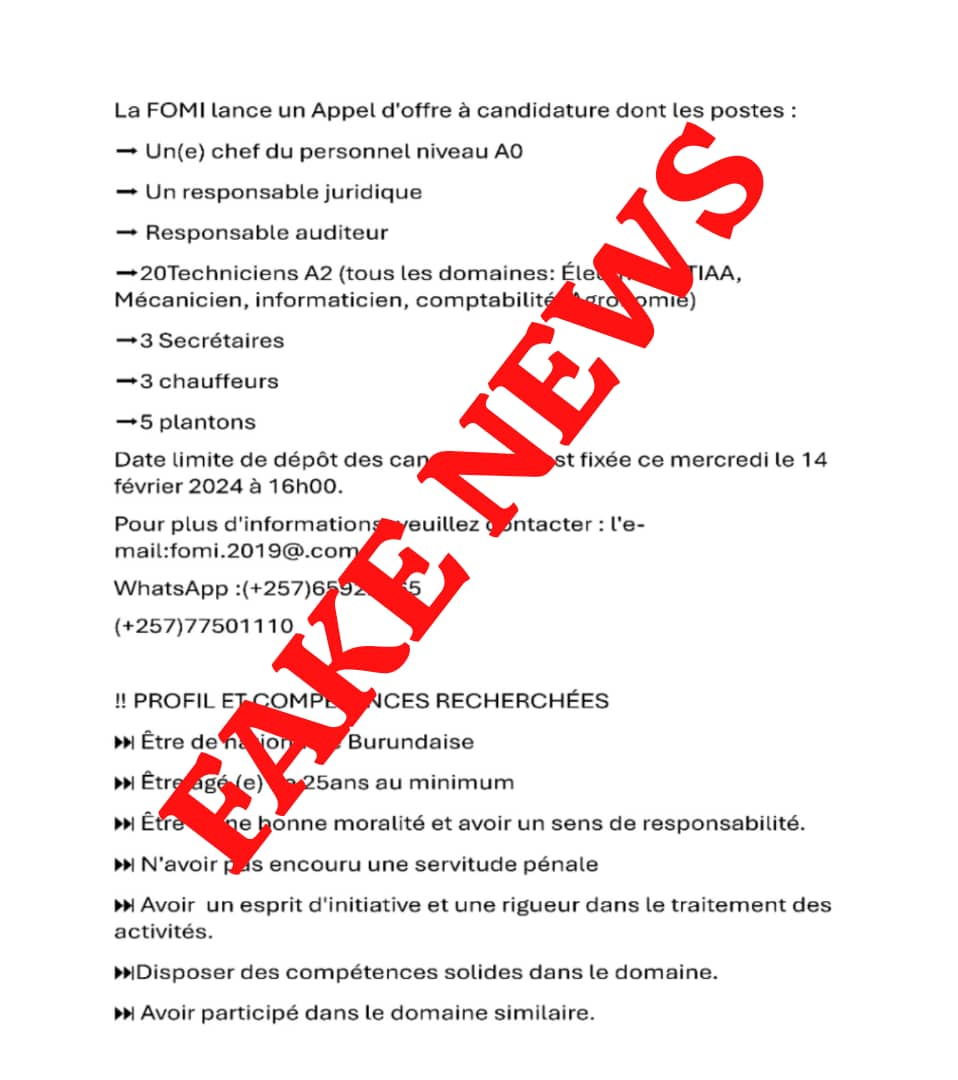 L'information faisant état d'un quelconque recrutement au sein de #FOMI en ce moment n'est rien d'autre qu'une fausse information.
Nous poursuivrons les recrutements à travers les canaux traditionnels. <a href="/BMineagrie/">BURUNDI/MINEAGRIE</a> <a href="/RTNBurundi/">RTNB</a>