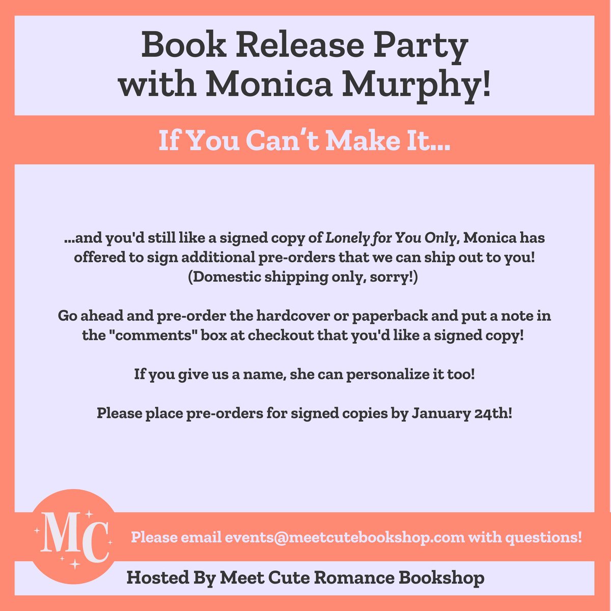 Don't miss your chance to meet <a href="/MsMonicaMurphy/">Monica Murphy</a> TONIGHT at <a href="/_MeetCuteBooks_/">MeetCuteBookshop</a> at 7PM talking about her latest #newadult #bookrelease, #LONELYFORYOUONLY!

Get a book, get it signed, meet the #BookTok sensation + say hi!

Get your #tickets before it's too late: buff.ly/3SC3p8D